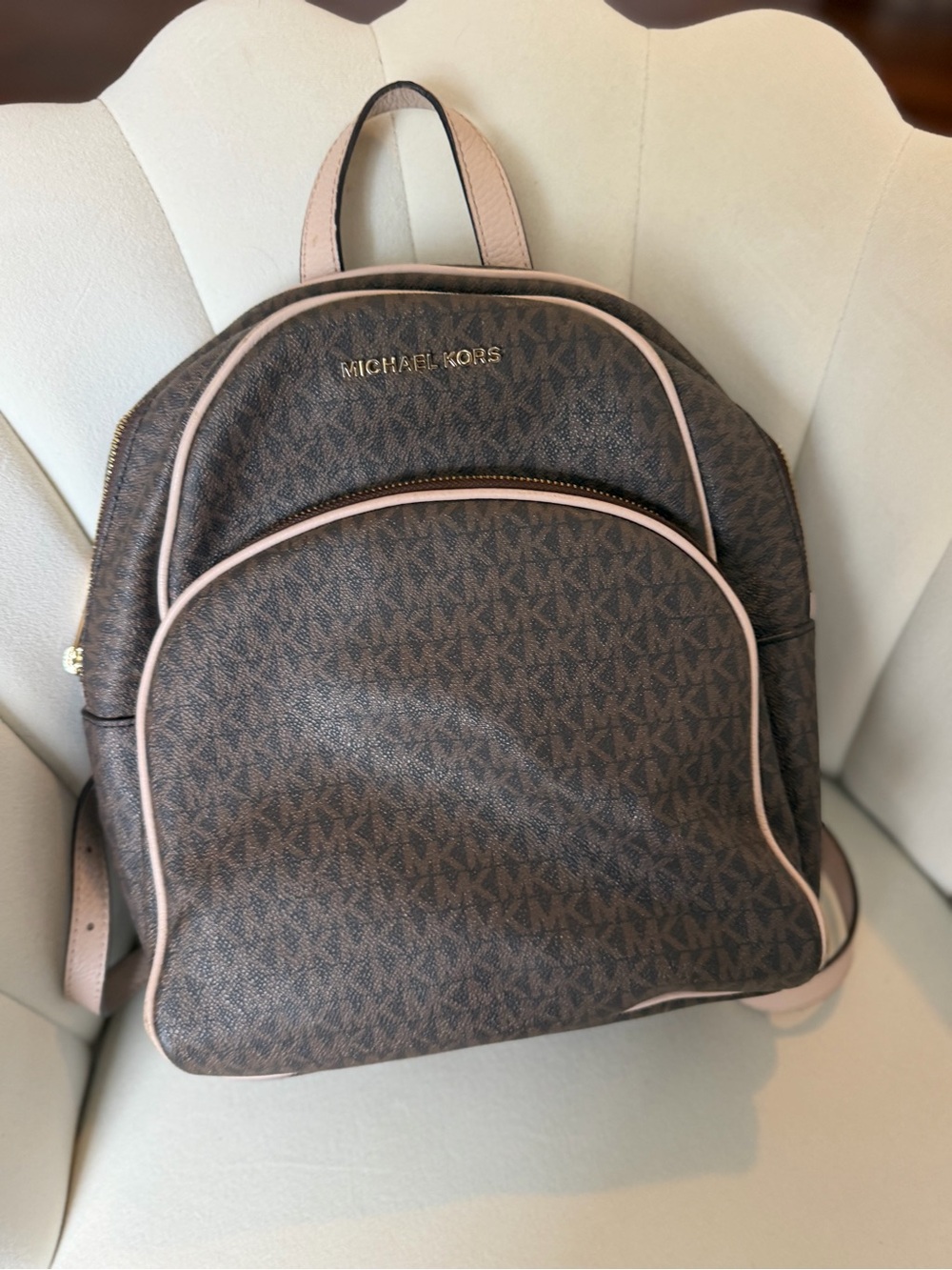Michael Kors Brown Signature MK Backpack with Pale Pink Trim